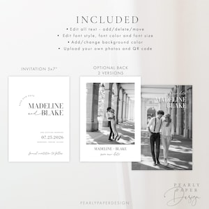 May include: Black and white save the date invitation with a circle around the text "Save Our Date" and the names "Madeline and Blake" in a modern font. The date is "07.25.2026" and the location is "Newport, Rhode Island". The invitation is 5x7 inches.