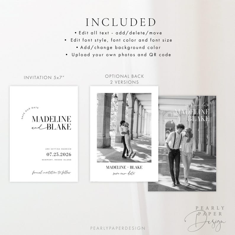 May include: Black and white save the date invitation with a circle around the text "Save Our Date" and the names "Madeline and Blake" in a modern font. The date is "07.25.2026" and the location is "Newport, Rhode Island". The invitation is 5x7 inches.