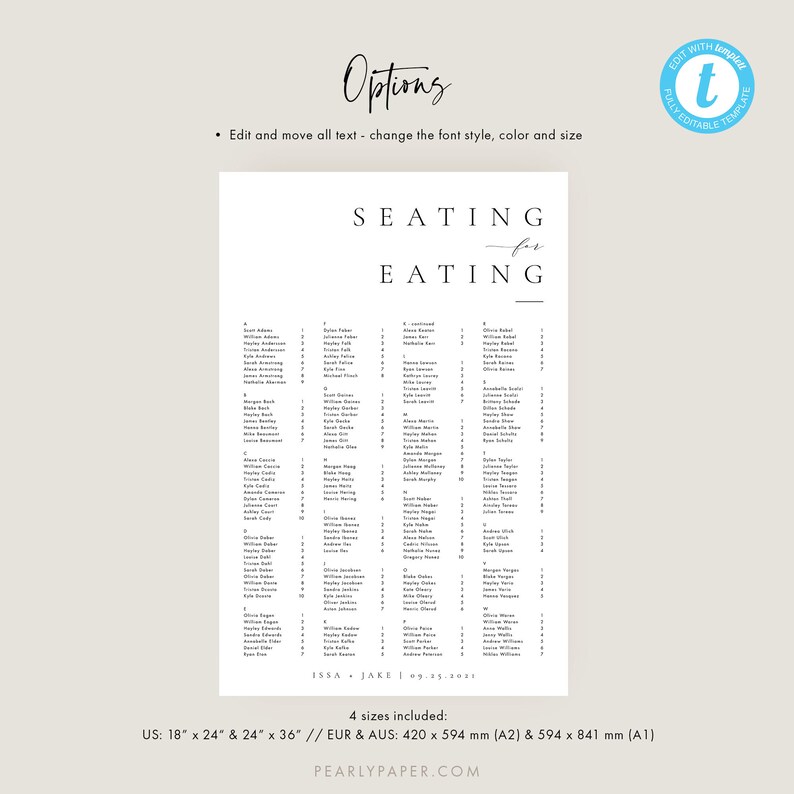 Alphabetical Seating Chart Template Download Minimalist Etsy