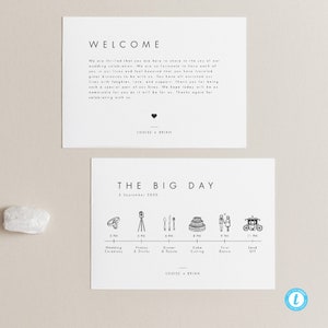 Minimalistische bruiloft tijdlijnsjabloon trouwdag reisplan welkomsttasje notitie trouwschema afdrukbare volgorde van gebeurtenissen bruiloft pictogram 21