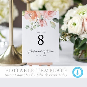 Números de mesa Modelo Cartões de números de mesa de casamento Cartões de mesa florais de casamento Pêssego e rosa Cartões de mesa florais Assentos editáveis para download 17