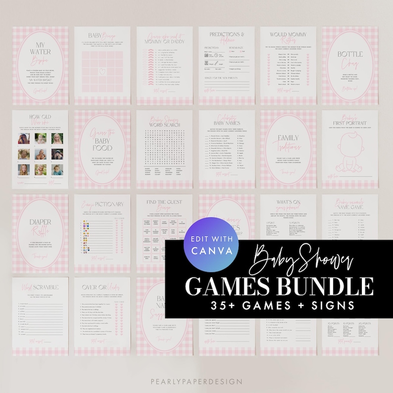 Pink Gingham Baby Shower Games Bundle, Girl Baby Shower Games Bundle