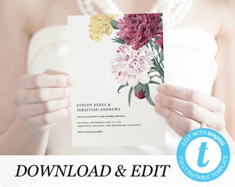Marsala Wedding invitation template Floral Templett botanical flowers simple invitation Wedding DIY Printable invitation instant download 02