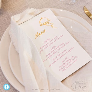 Plantilla de menú de boda caprichosa, menú de boda de verano, menú de boda moderno escrito a mano, Templett n.° 074