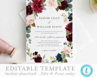 Wedding Invitation editable template, Burgundy wedding invite Templett Floral Boho Wedding Rustic DIY wedding 12