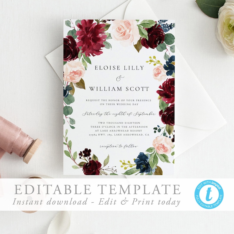 Wedding Invitation Editable Template Burgundy Wedding Invite Etsy