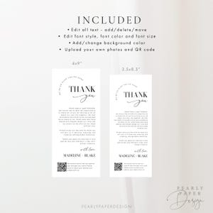Op de afbeelding: Twee zwart-witte bedankkaartjes met een cirkelvormig ontwerp en de tekst "Bedankt" in een handschrift. De kaartjes zijn 4x9 inch en 3,5x8,5 inch. De tekst op de kaartjes bevat de namen Madeline en Blake. Elk kaartje heeft een QR-code.