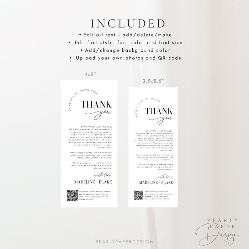 Op de afbeelding: Twee zwart-witte bedankkaartjes met een cirkelvormig ontwerp en de tekst "Bedankt" in een handschrift. De kaartjes zijn 4x9 inch en 3,5x8,5 inch. De tekst op de kaartjes bevat de namen Madeline en Blake. Elk kaartje heeft een QR-code.