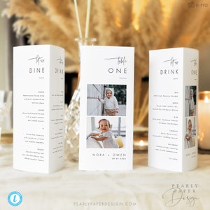 Trifold Table Number Template with Photo, Minimalist Wedding Menu Template, Printable Trifold Menu table numbers Templett #064