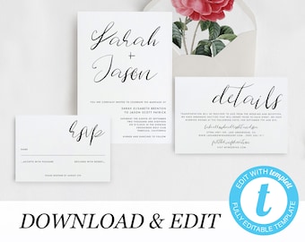 Minimalist Wedding Invitation Set Printable Invitation Template Templett minimal wedding simple wedding invite DIY instant download