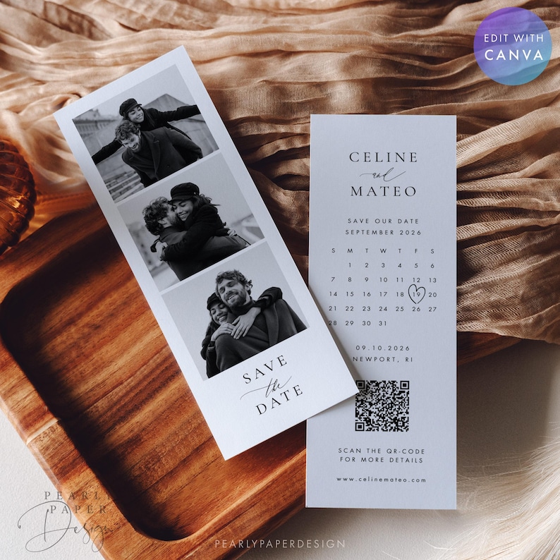 Puede incluir: Tarjeta de save-the-date en blanco y negro con tres fotos de una pareja. La tarjeta dice "SAVE the DATE" e incluye un calendario con un coraz&oacute;n alrededor del d&iacute;a 19. Los nombres "CELINE y MATEO" tambi&eacute;n est&aacute;n presentes.