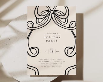 Holiday Party Invite with Bow, Modern Holiday Party Invitation Template, Coquette Christmas Invitation with Bow, Holiday Dinner Party Invite