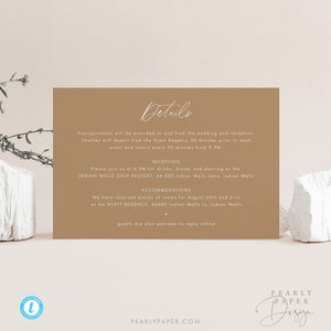 May include: A tan wedding invitation card with white text. The card details transportation, reception, and accommodations for the wedding. The text reads "Details", "Transportation will be provided to and from the wedding and reception. Shuttles will depart from the Hyatt Regency 30 minutes prior to each event and return every 30 minutes from 9 PM", "Reception", "Please join us at 6 PM for drinks, dinner and dancing at the INDIAN WELLS GOLF RESTORT, 44-500 Indian Wells Lane, Indian Wells", "Accommodations", "We have reserved blocks of rooms for August 20th and 21st at the HYATT REGENCY, 44600 Indian Wells In, Indian Wells", "guests are also welcome to reply online".