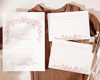Pink Floral Family Traditions Sign and Card, Modern Baby Shower Game, Childhood Traditions, Editable Baby Shower Game, Templett #077
