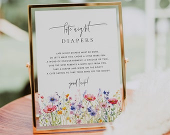 Late Night Diapers Sign Template, Printable Late Night Diaper Sign, Boho Floral Baby Shower Games, Diaper Message Game, Templett #082