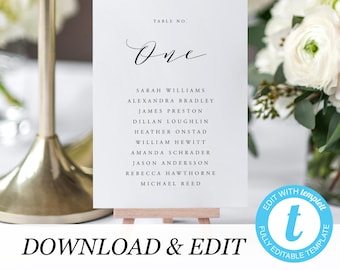 Wedding Table number Seating Chart Cards Template Calligraphy Table cards Editable Seating Plan Elegant seating Templett Instant Download 06