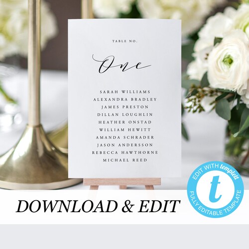 Wedding Table Number Seating Chart Cards Template Calligraphy Etsy