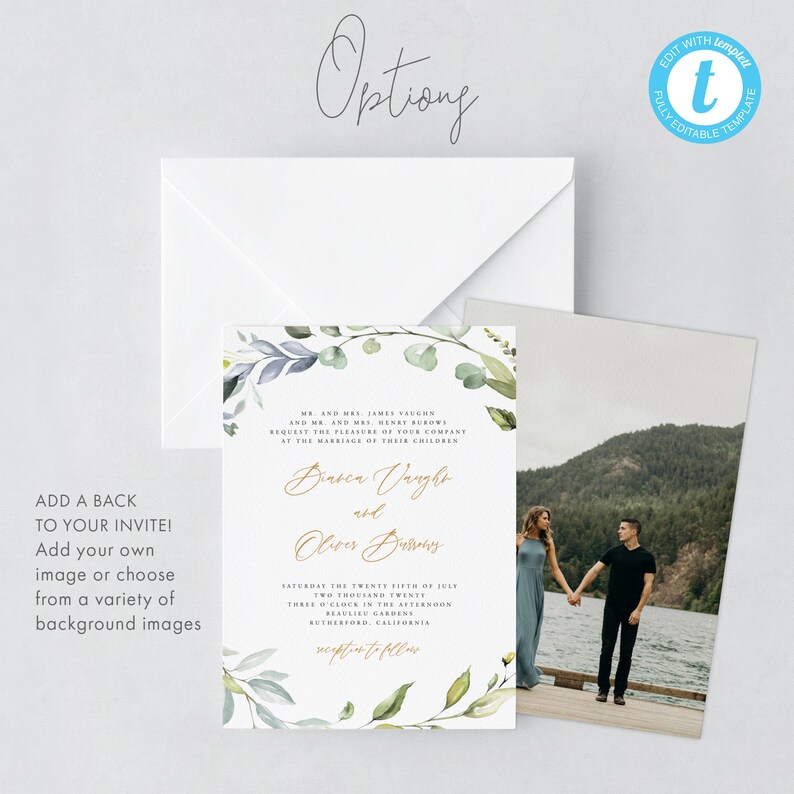 May include: A wedding invitation with a watercolor floral border in shades of green and blue. The invitation features the names "Bianca Vaughn" and "Oliver Durrans" in gold script. The text reads "Saturday the twenty fifth of July, two thousand twenty, three o'clock in the afternoon, Beaulieu Gardens, Rutherford, California, reception to follow."