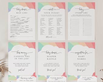 Rainbow Baby Shower Game Bundle, Baby Game Bundle Template, Baby Game Download, Editable Shower Game, Baby Shower Trivia, Templett #078