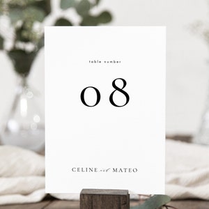 May include: White table number card with black text. The card reads "table number 08" and "CELINE and MATEO".