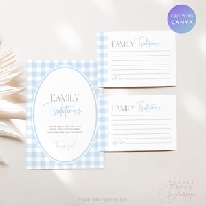 Puede incluir: Un conjunto de tarjetas de tradiciones familiares con un patr&oacute;n de cuadros vichy azul claro. Las tarjetas incluyen el texto "Family Traditions" y preguntas para escribir las tradiciones familiares favoritas. El dise&ntilde;o incluye un marco ovalado y "&iexcl;Gracias!"