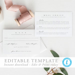 Puede incluir: Una tarjeta RSVP blanca con un borde y texto grises. La tarjeta tiene una sección para el nombre del invitado, una sección para la elección de comida del invitado y una sección para el número de invitados que asisten. El texto en la tarjeta dice "RSVP. Por favor, responda antes del primero de agosto." y "Elección de comida. Por favor, inicialice la elección de comida de cada invitado."