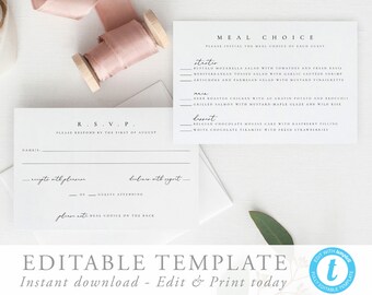 Tarjeta RSVP con opción de comida y menú Respuesta de boda moderna Plantilla RSVP de boda Inserción de boda Plantilla editable 10