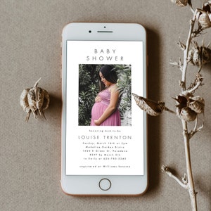 May include: A white and gray baby shower invitation with a photo of a pregnant woman in a pink dress. The invitation includes the text "Baby Shower", "honoring mom-to-be Louise Trenton", "Sunday, March 14th at 2pm", "Madeline Garden Bistro", "1030 E Green St, Pasadena", "RSVP by March 5th", "to Emily at 626-785-5345", and "registered at Williams-Sonoma".