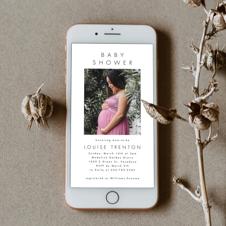 May include: A white and gray baby shower invitation with a photo of a pregnant woman in a pink dress. The invitation includes the text "Baby Shower", "honoring mom-to-be Louise Trenton", "Sunday, March 14th at 2pm", "Madeline Garden Bistro", "1030 E Green St, Pasadena", "RSVP by March 5th", "to Emily at 626-785-5345", and "registered at Williams-Sonoma".