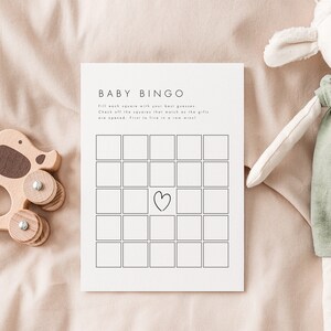 Minimalistische babyshower bingosjabloon Virtuele babybingo Templett bingokaarten Babyshower spelletjes Afdrukbare activiteitenspel babyshower #M21