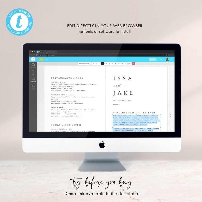 May include: A computer screen displaying a wedding website template with the text "ISSA & JAKE" and a welcome message for family and friends. The template is fully editable and can be edited directly in a web browser. The text "Try before you buy" is displayed below the screen.