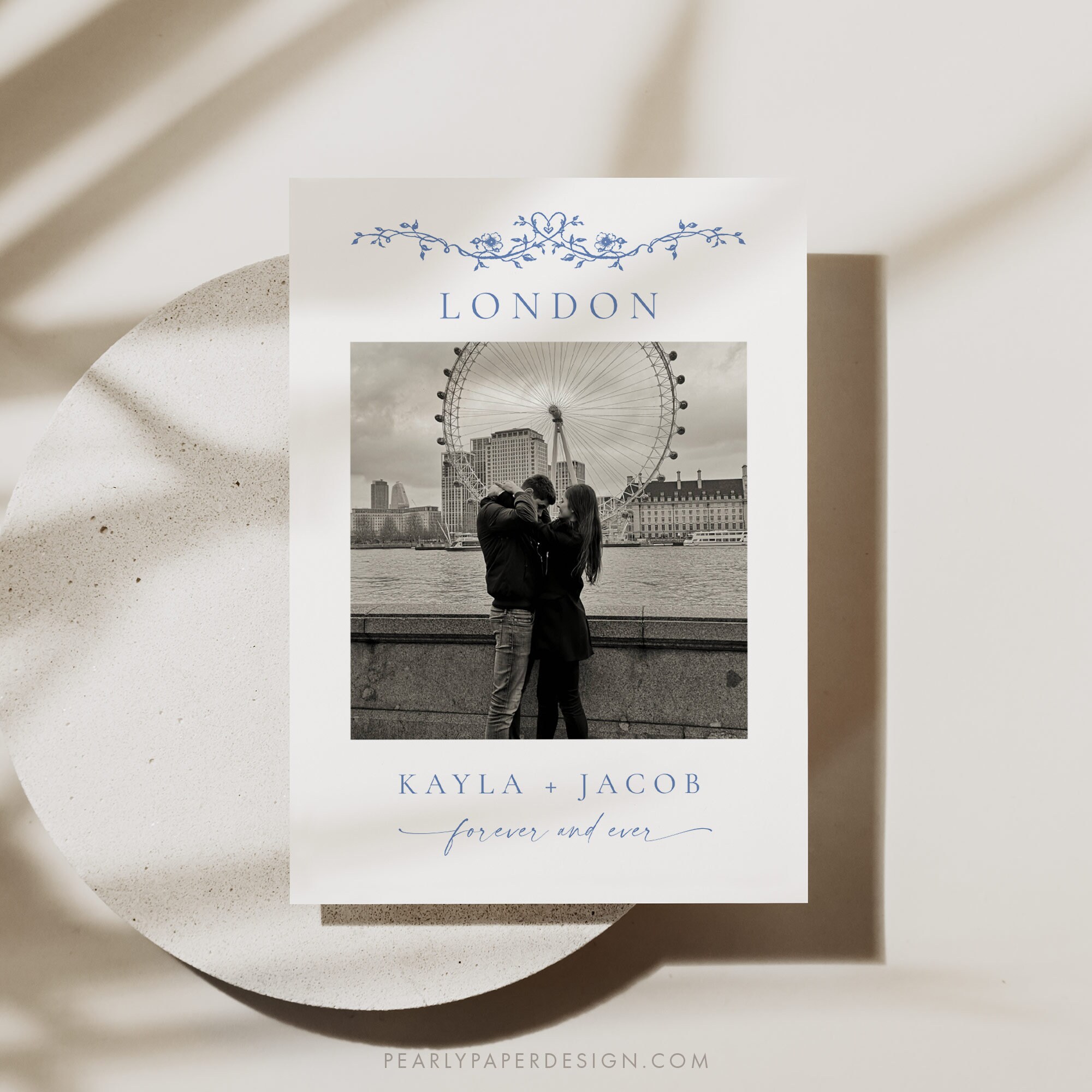 Blue Floral Photo Table Numbers Template, Toile Wedding Numbers, Destination Travel Photo Wedding Table Number, Printable Table Cards #077