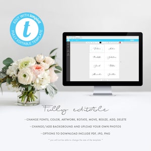 May include: A computer screen showing a template for printable place cards. The template is fully editable and includes the names "Victoria", "Jakira", "Robille", "Johntara", "Frank", "Nila", "Alexander", and "Janthea".