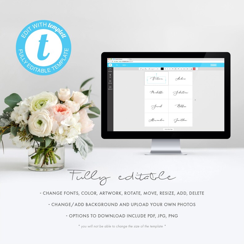 May include: A computer screen showing a template for printable place cards. The template is fully editable and includes the names "Victoria", "Jakira", "Robille", "Johntara", "Frank", "Nila", "Alexander", and "Janthea".