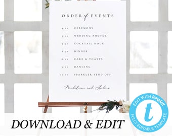 Editable Order of Events Template Modern Wedding Itinerary Sign Timeline Sign Minimalist wedding sign Printable Templett 10 11