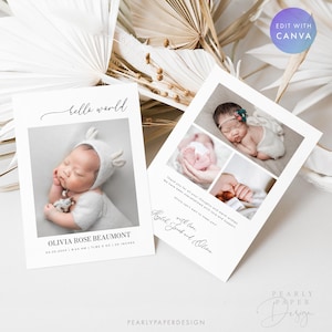Modèle de carte de faire-part de naissance, faire-part photo de bébé, faire-part de naissance Hello World, faire-part de naissance imprimable, toile #MB01