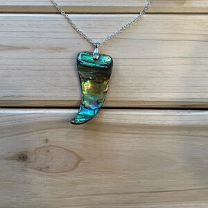 Handmade freeform abalone necklace on a silver plated chain.