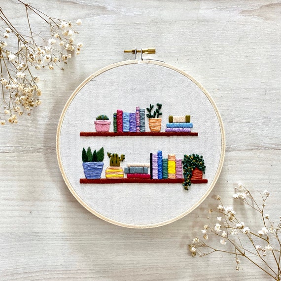 Bookshelf and Plants Embroidery Hoop Art Etsy