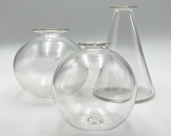 Clear T-top Geometric Vases - Handblown - glassblowing, glass art - transparent, sphere, cone