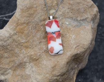 Fused Glass Pendant - Abstract White, Brown, Orange, Red Design - Handmade Necklace - Women's Jewelry - Glass Art