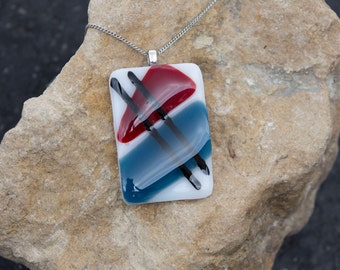 Fused Glass Pendant - Abstract Black, White, Blue, Red Design - Handmade Necklace - Women's Jewelry - Glass Art - Abstract Design