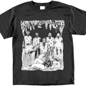 May include: Black t-shirt with a white graphic print of a band called "Impetuous" with a group of zombies and a woman lying on the ground.