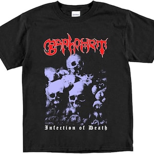 May include: Black t-shirt featuring a red band logo that reads "CARPHART" and a graphic of a pile of skulls with the text "Infection of Death" underneath.