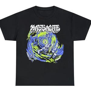 May include: Black t-shirt with a graphic print of a green and blue swirling vortex with a creature in the center. The text "MASSACRE" is printed in white above the vortex.