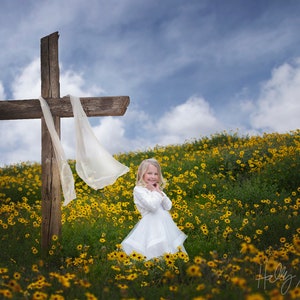 Beautiful Christian Easter Digital Backdrop/Background Cross in Field of Yellow Wildflowers plus Flower Overlay