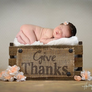 Give Thanks Newborn Digital Backdrop Background Wooden Crate Thanksgiving plus a Peach Flower Headband Overlay!