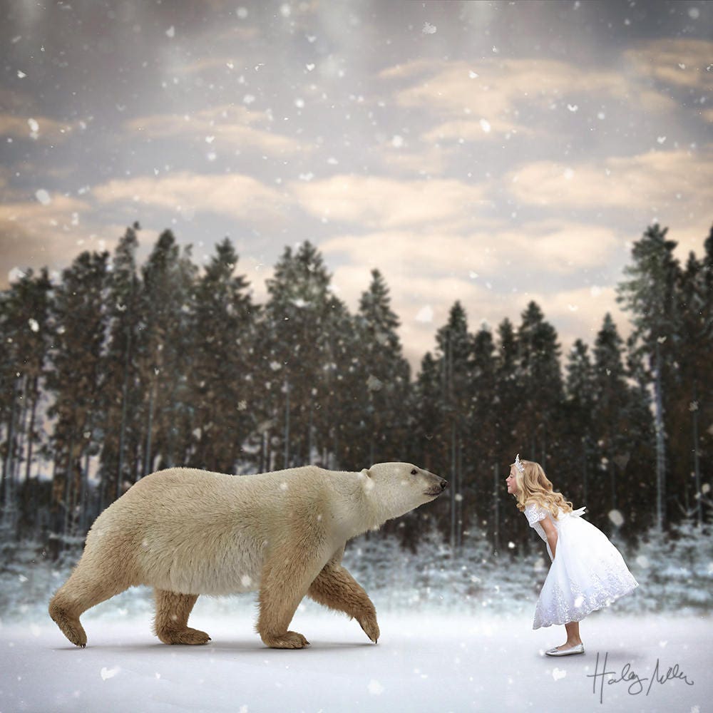 Polar Bear in Falling Snow Winter Scene Digital Etsy UK