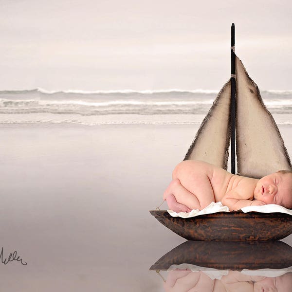 Newborn Digital Backdrop/Background Oregon Coast Sailboat Ocean Beach Boat Photography Prop - Instant Download