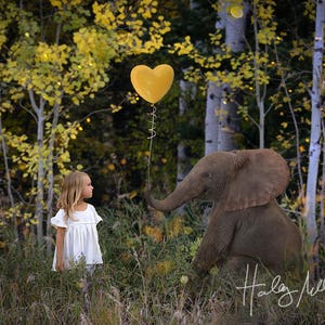 Puede incluir: Una niña con un vestido blanco está cerca de un elefante marrón en un entorno forestal. El elefante alcanza un globo amarillo en forma de corazón. El fondo presenta árboles con hojas amarillas e iluminación suave.
