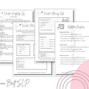 K&ouml;nnte beinhalten: Eine Sammlung wei&szlig;er, bedruckbarer Arbeitsbl&auml;tter mit Tipps zur Reiseplanung und Budgetierung. Die Arbeitsbl&auml;tter enthalten Abschnitte f&uuml;r Budgetierung, Planungsaufgaben und Reflexionsfragen. Der Text enth&auml;lt "Vacation Budgeting Tips" und "Vacation Planning Task".